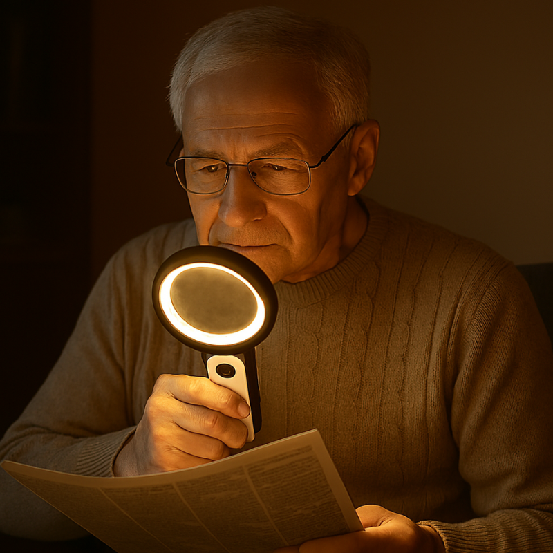 Ergonomic handheld magnifying glass with bright LED lighting for effortless reading & intricate tasks.