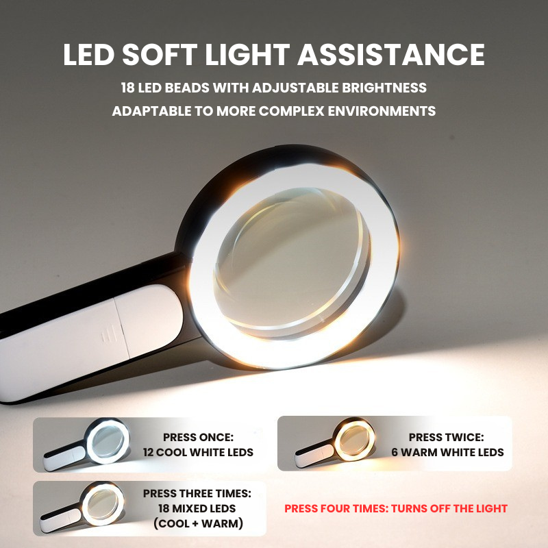 Portable LED magnifier for fine print. Adjustable light ensures clear, comfortable reading for all ages.