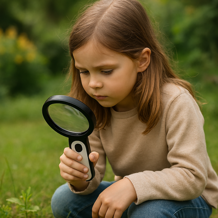 Clear view LED reading aid. Handheld magnifying glass with adjustable illumination for books, maps & crafts.