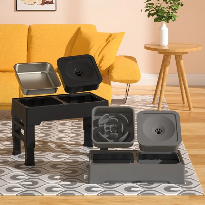 Adjustable pet feeding bowl for dogs & cats. Ergonomic design promotes healthy digestion & comfort.
