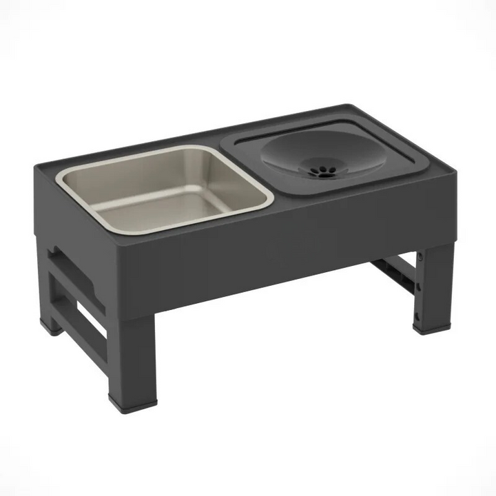 Stainless steel slow feeder pet bowl. Adjustable height prevents bloat & improves posture for all pets.