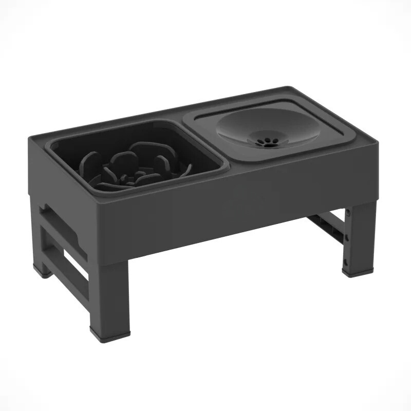 Ergonomic adjustable dog & cat feeder. Anti-bloat design provides comfortable eating for improved digestion.