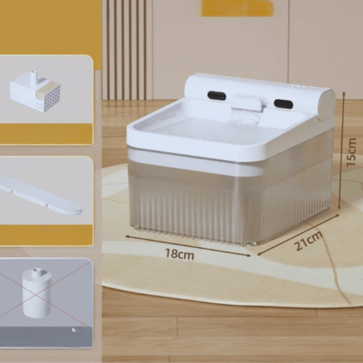 Pets' elephant water fountain: running, filtered water, quiet operation. Ideal for cats & dogs.