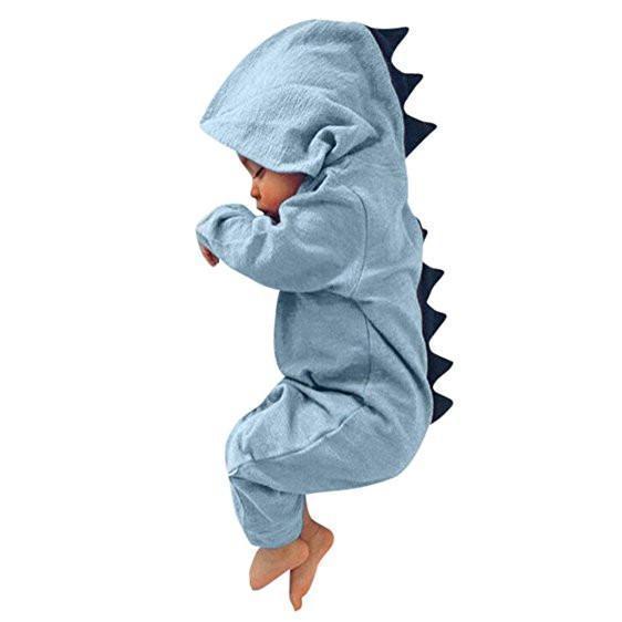 Cozy blue baby dinosaur romper with soft 3D spikes. Perfect infant outfit for play and comfort.