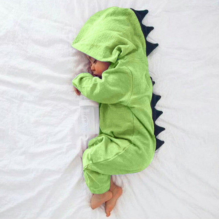 Adorable baby dinosaur romper with realistic 3D spikes. Cozy infant outfit for everyday wear.