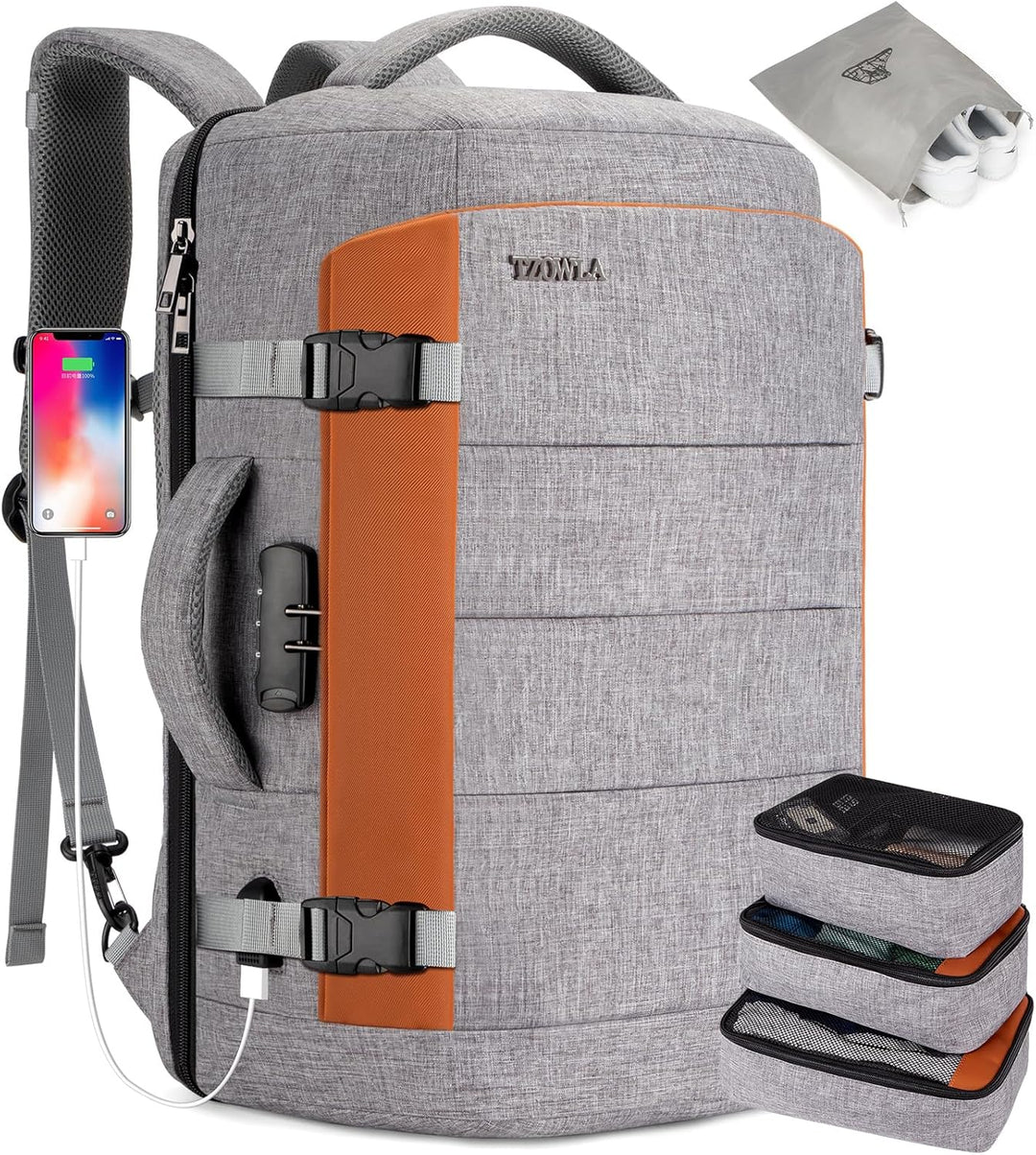 AeroPack 40L water-resistant travel laptop backpack with USB charging port and anti-theft lock for organized trips.