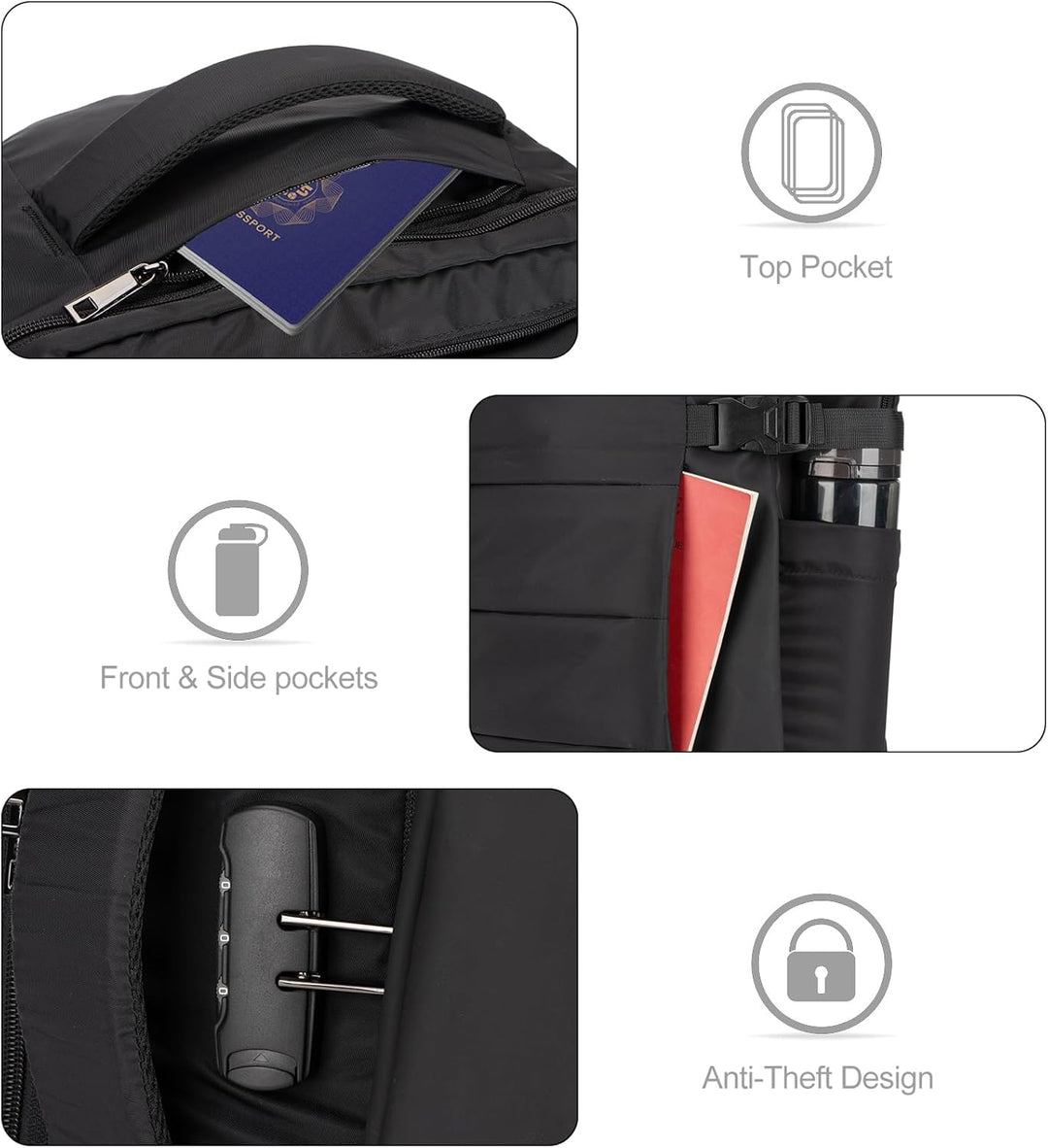 Secure AeroPack 40L laptop backpack with anti-theft lock, USB port, water-resistant for all your travel needs.