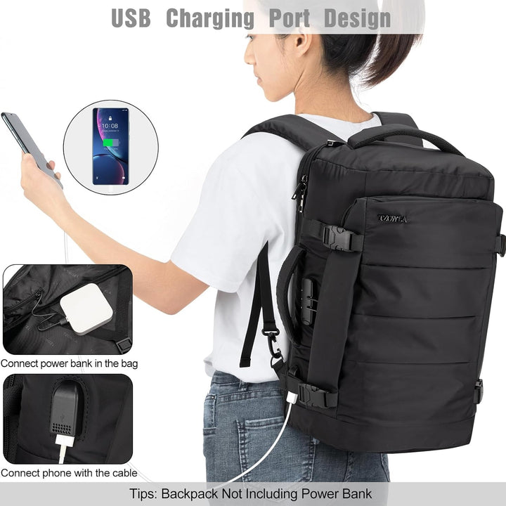 Spacious AeroPack 40L carry-on travel backpack for laptops, featuring a USB charging port and anti-theft lock.