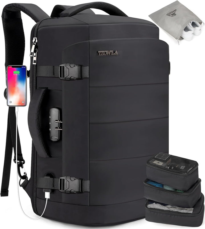 Water-resistant AeroPack 40L laptop bag with USB port & anti-theft lock, ideal for weekend trips & daily commute.