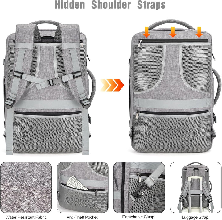 Organized AeroPack 40L business travel backpack, water-resistant, with laptop compartment & integrated USB port.