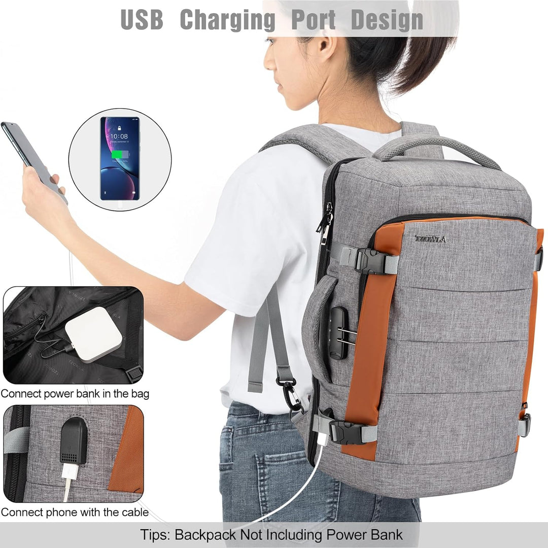 AeroPack 40L unisex travel backpack, water-resistant, featuring a USB port, anti-theft lock & laptop sleeve.