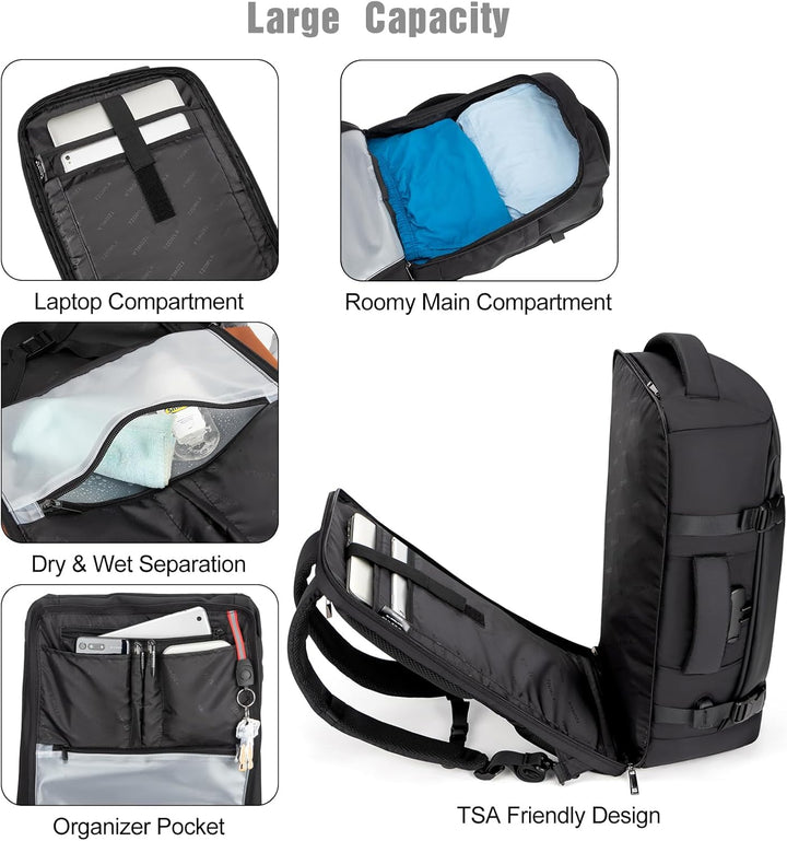 Durable AeroPack 40L water-resistant backpack, ideal for laptops, travel & daily use, includes USB charging.