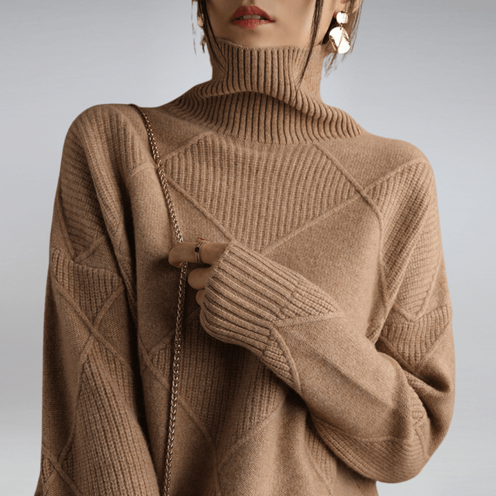 Close-up of Alice women's cashmere blend turtleneck sweater texture, showing soft knit, warm winter fashion