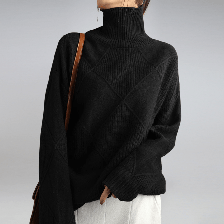 Detailed shot of the turtleneck collar on Alice women's soft cashmere blend sweater, comfortable fit