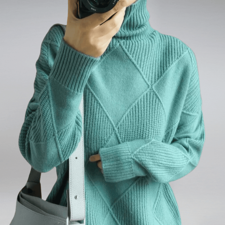 Back view of Alice women's cashmere blend turtleneck sweater, highlighting seamless knit, winter fashion
