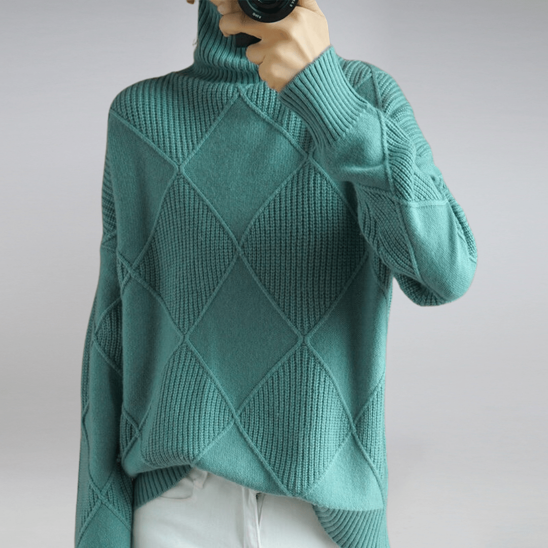 Woman smiling, wearing Alice soft cashmere blend turtleneck sweater, cozy and stylish, versatile knitwear