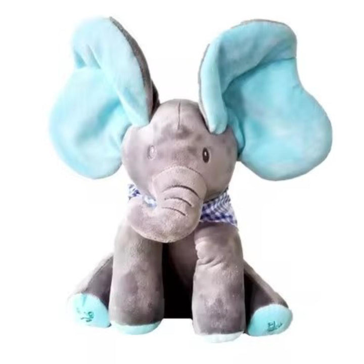 Cute animated elephant plush toy for kids, performs peek-a-boo. An interactive talking & singing baby or toddler gift.
