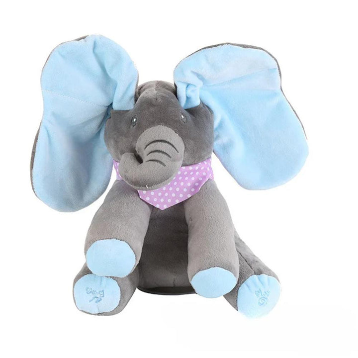 Interactive peek-a-boo elephant plush toy with talking & singing features. Soft stuffed animal for babies, toddlers & kids.