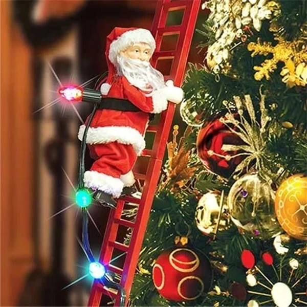 Animated Santa climbing ladder, singing carols. Festive Christmas decoration for holiday fun.