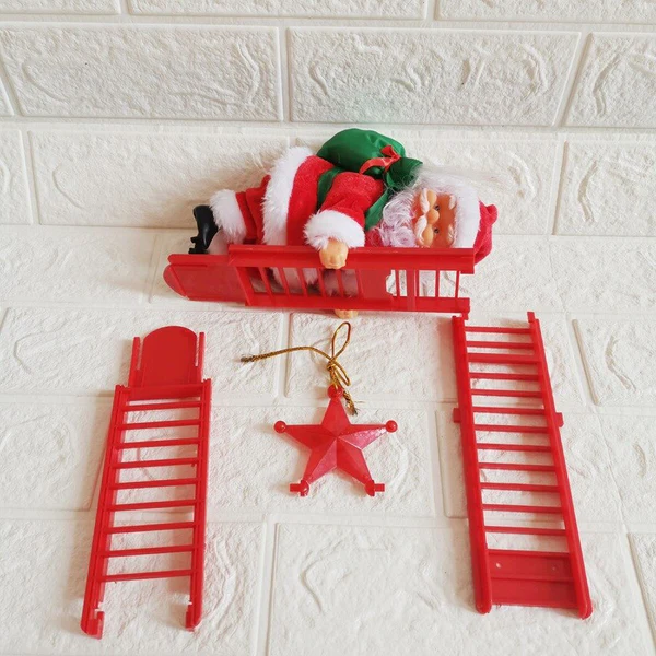 Novelty animated Santa Claus climbing a rope ladder. Unique Christmas ornament for festive holiday decor.