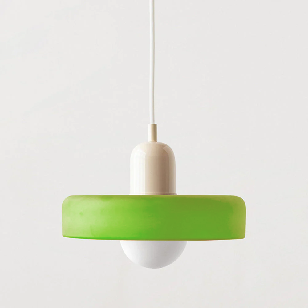 Bauhaus style pendant lamp, colored glass, warm ambient light, adjustable.