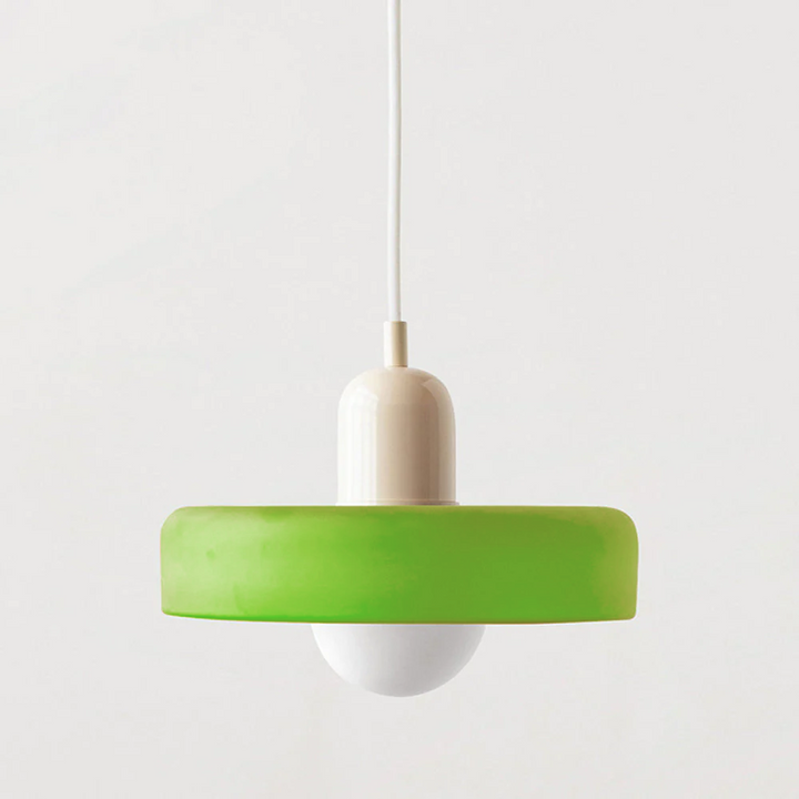 Bauhaus style pendant lamp, colored glass, warm ambient light, adjustable.