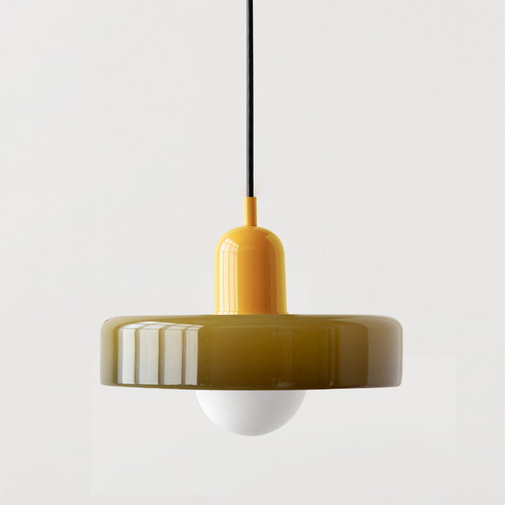 Decorative Bauhaus pendant, warm ambient light, creates inviting atmosphere.