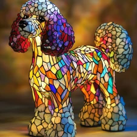 Unique mosaic dog lamp, perfect for pet decor, casting an atmospheric glow on any table.
