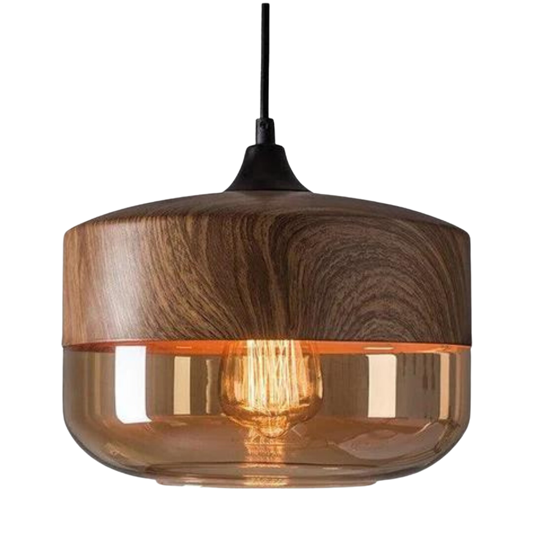 Modern Arven wooden pendant light with a clear glass shade for minimalist decor.