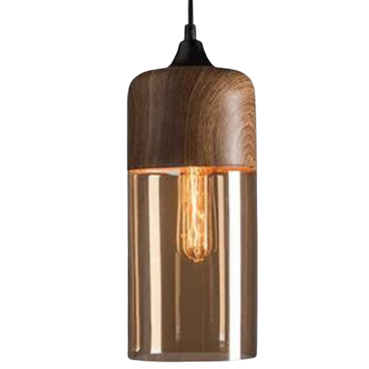 Elegant Scandinavian wooden pendant light illuminating a dining room table.