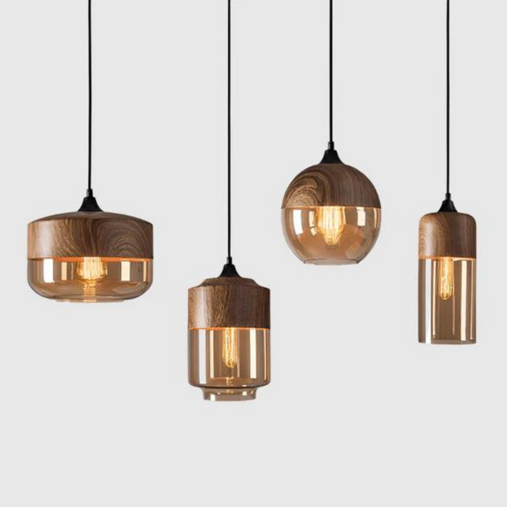 Arven pendant light: modern minimalist wooden & glass ceiling fixture, home decor.