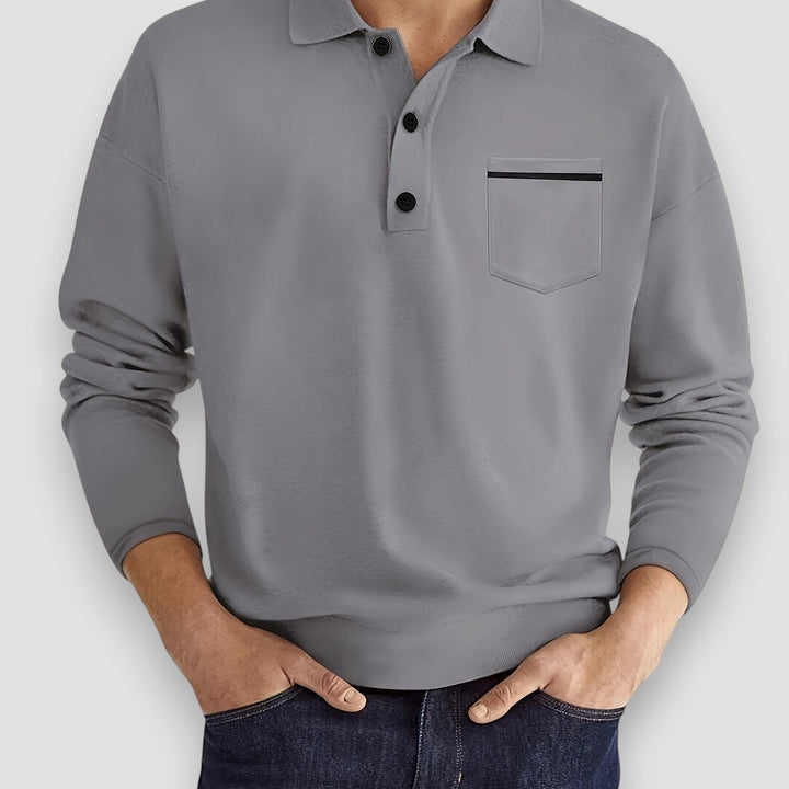 Aureon Men's casual long sleeve polo shirt, navy blue, with button placket & chest pocket