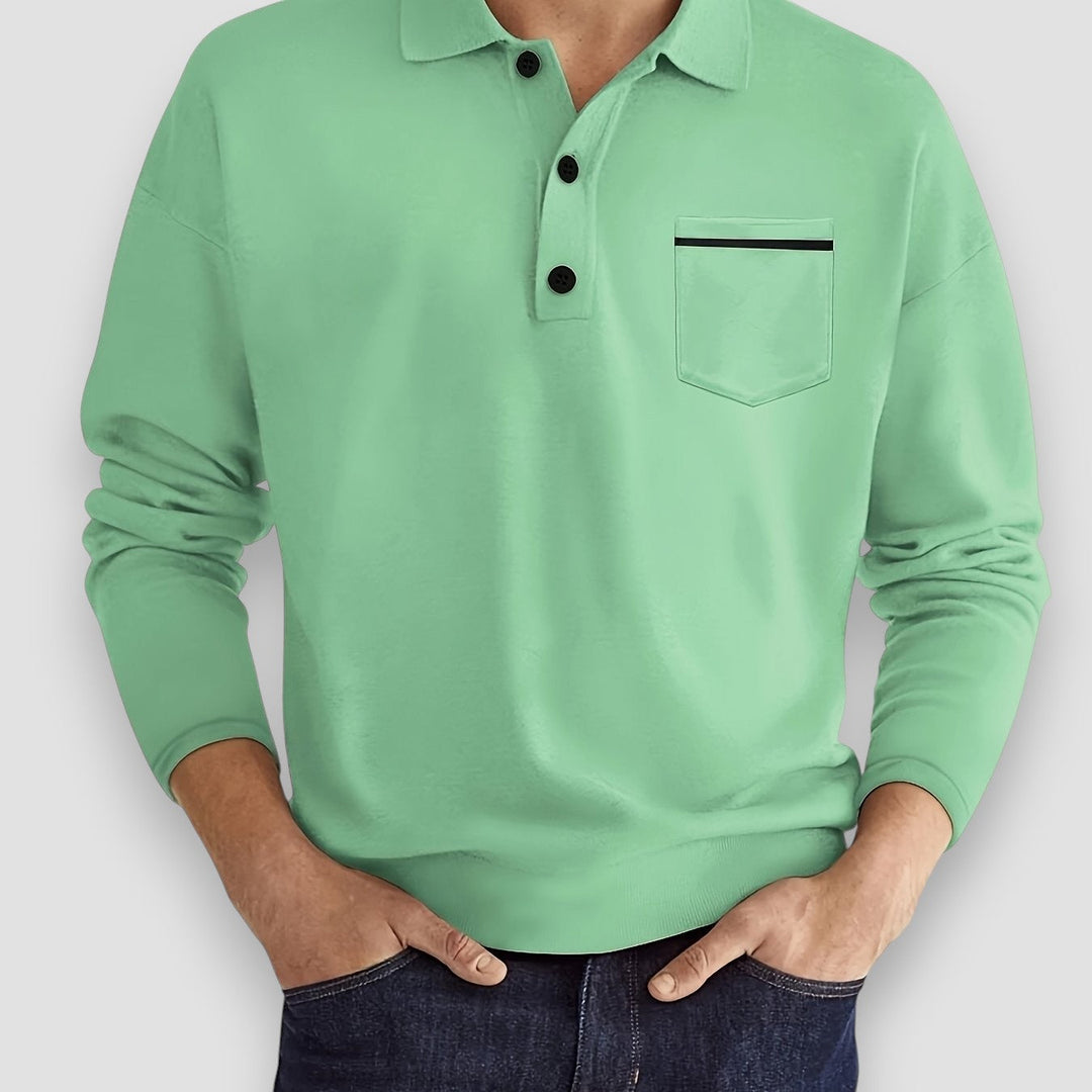 Aureon men's long sleeve polo, light blue, an essential casual shirt with a neat button placket