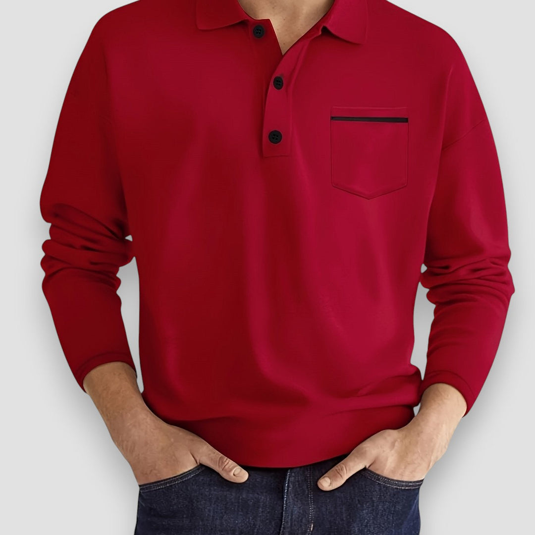 Close-up of Aureon men's long sleeve polo's fabric and button placket, showing texture