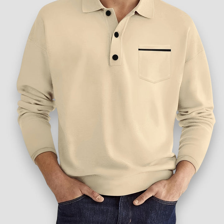 Aureon men's casual long sleeve polo shirt in white, featuring a chest pocket & button detail