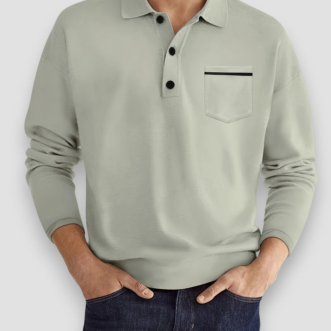 Detail of the chest pocket on an Aureon men's casual long sleeve polo shirt, quality design