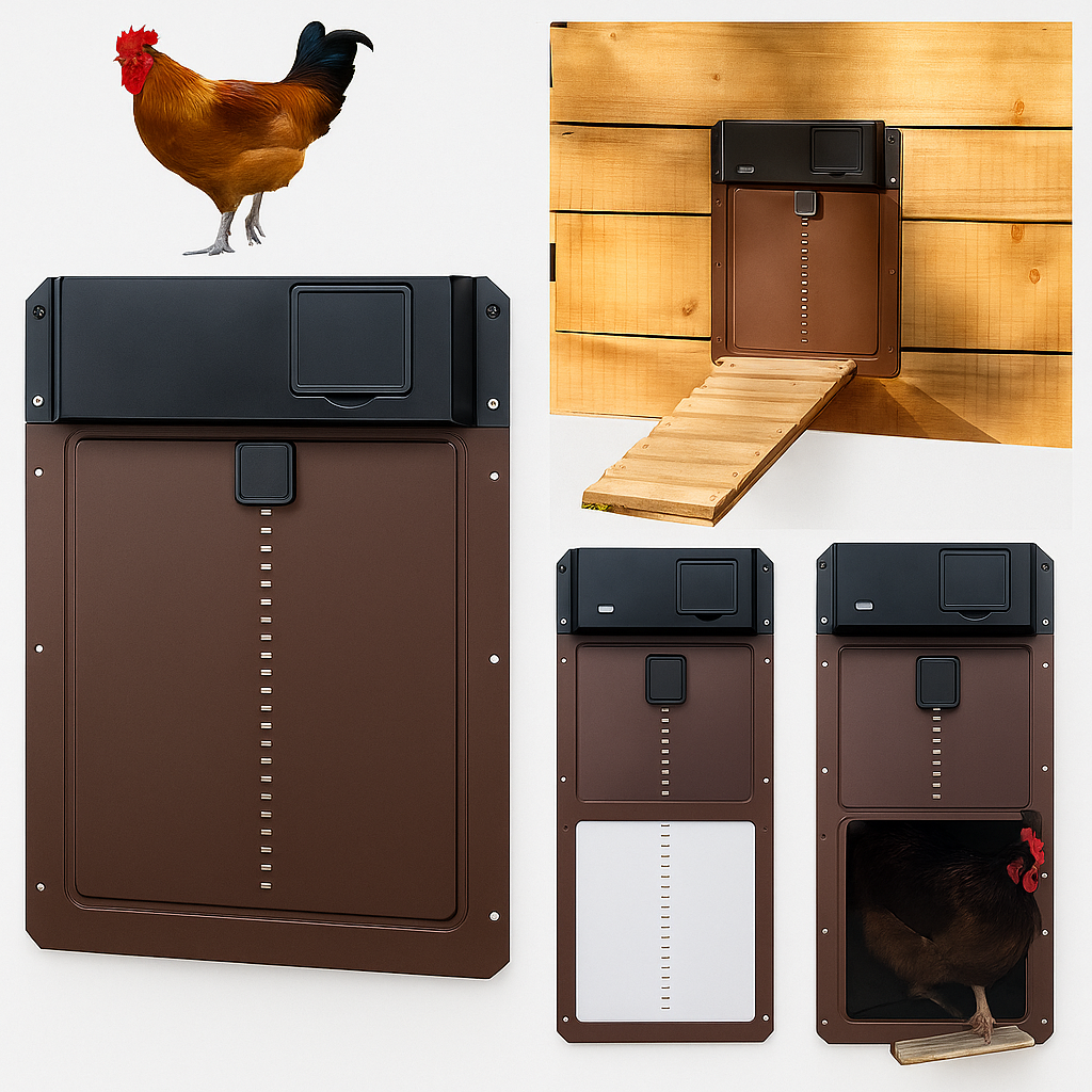 Automatic chicken coop door with light sensor for poultry care; weatherproof farm supply.