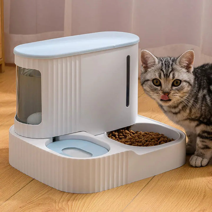 Automatic pet food & water dispenser for cats & small dogs. Ensures continuous food & hydration. Modern pet feeder.