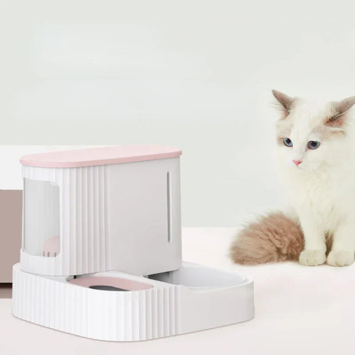 Blue automatic pet food & water dispenser for cats. Modern design pet feeder ensures constant hydration & food.