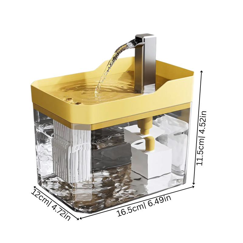 Close-up of a modern pet water fountain, showing the multi-layer filtration system for clean, healthy water.