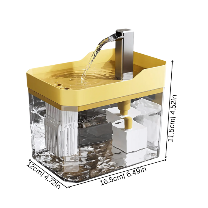 Close-up of a modern pet water fountain, showing the multi-layer filtration system for clean, healthy water.
