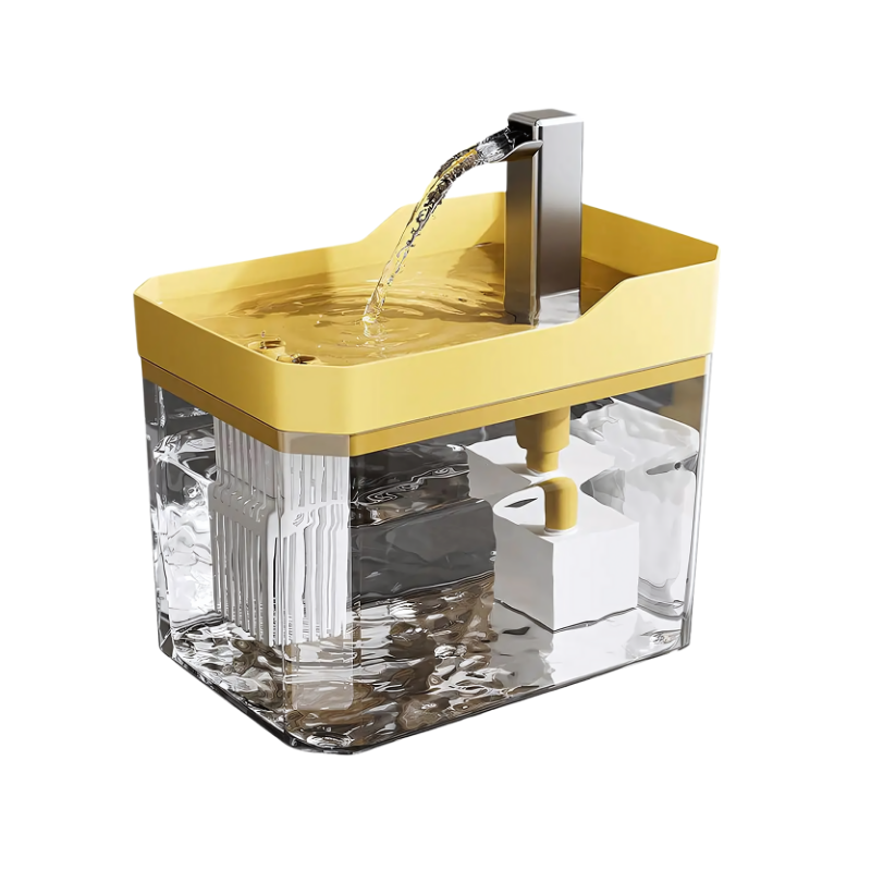 Happy dog drinking fresh, filtered water from an automatic pet fountain. Encourages hydration for active dogs.
