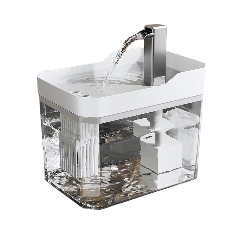 Sleek automatic cat water fountain providing a constant flow of fresh, filtered water. Quiet pump for peace.