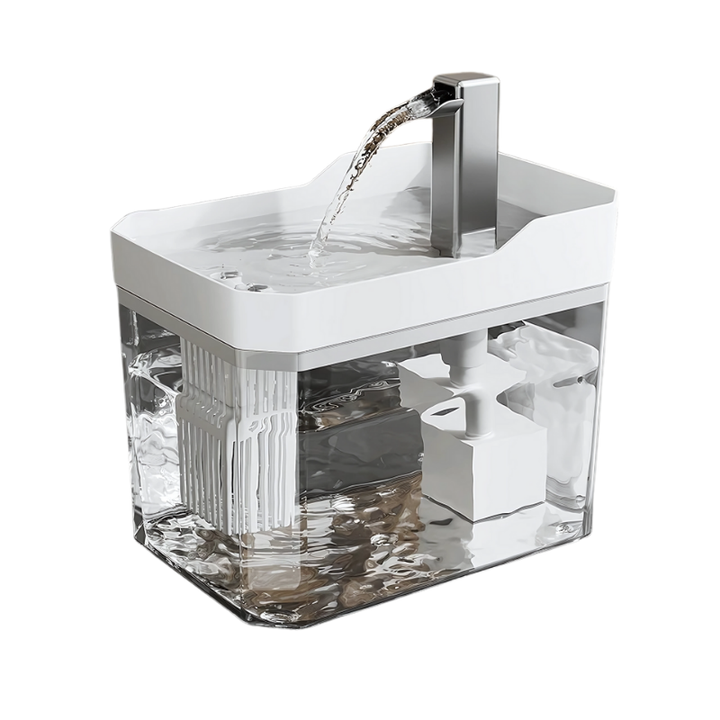 Sleek automatic cat water fountain providing a constant flow of fresh, filtered water. Quiet pump for peace.