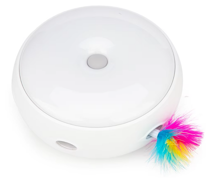 Engaging automatic pet toy: white base with a soft, rainbow feather. Promotes exercise & interactive cat play.