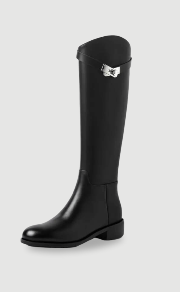 Aveline women's elegant tall riding boots, classic black leather, sophisticated style with subtle metal detail.