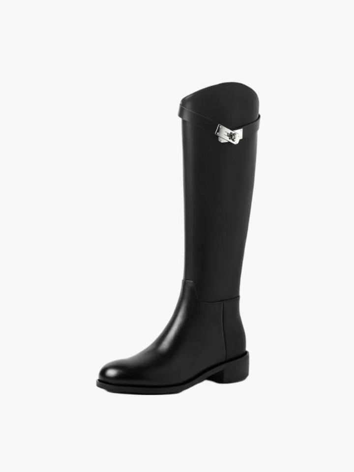 Black leather Aveline women's riding boots, tall shaft & refined metal accent, ideal for equestrian or daily wear.