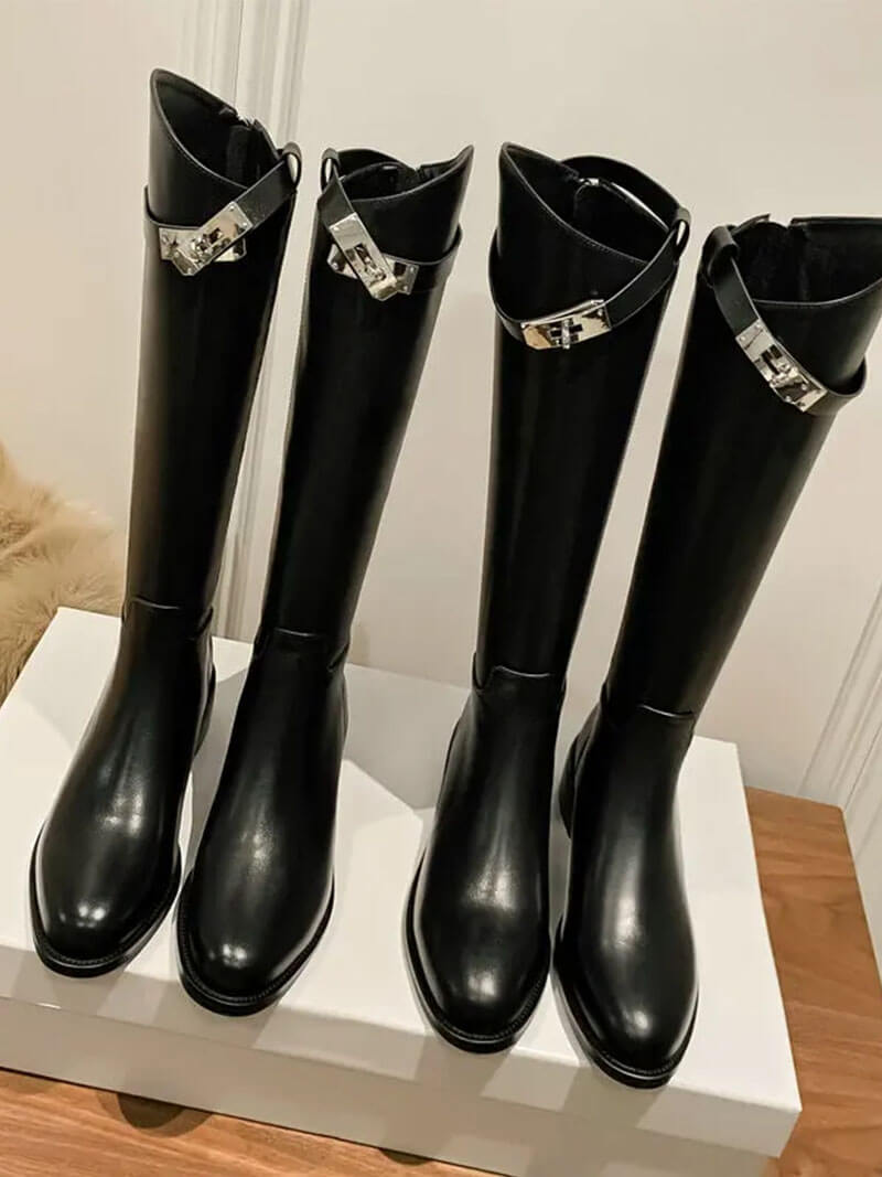 Aveline women's tall riding boots, close-up of elegant shaft, comfortable fit & prominent metal detail.