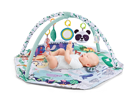 Baby Activity Play Mat with bright colors, hanging sensory toys, and soft cushioning for infant tummy time development.