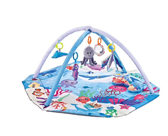 Infant play gym & sensory exploration mat for baby development, featuring vibrant colors & a comfy tummy time area.